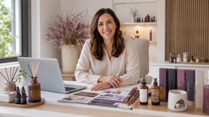 Friendly Olé Aroma customer support representative in a home fragrance office