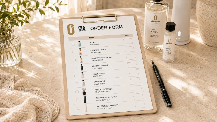 Olé Aroma wholesale order form for HOME and LUX fragrance collections
