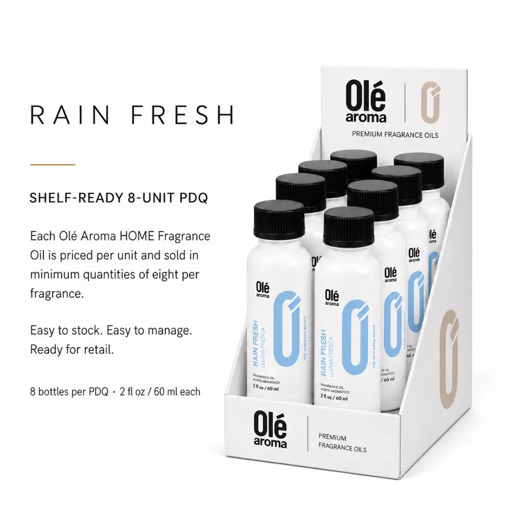 Ole Aroma Rain Fresh 2 oz fragrance oil wholesale shelf-ready 8-unit PDQ display