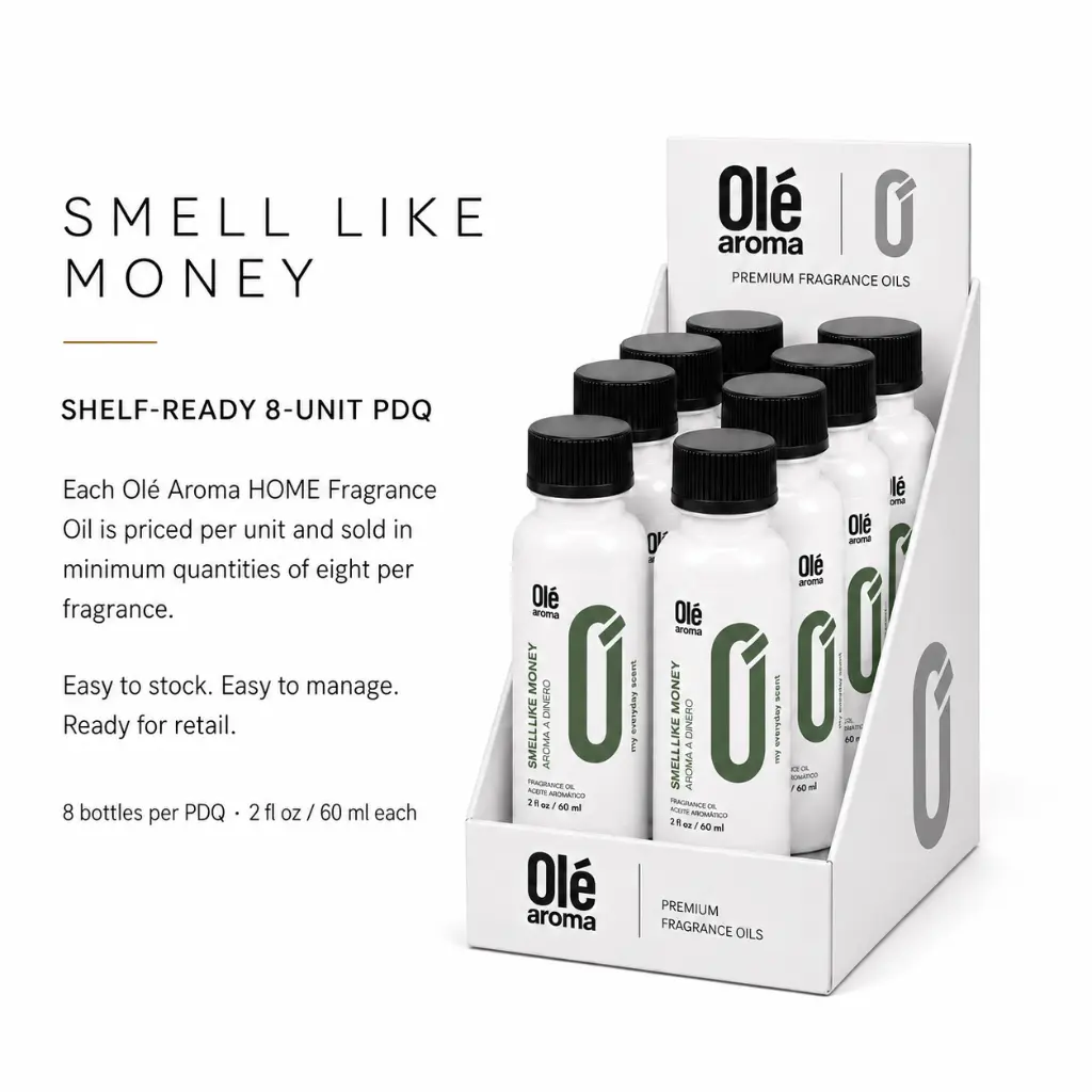 Ole Aroma Smells Like Money 2 oz fragrance oil wholesale shelf-ready 8-unit PDQ display