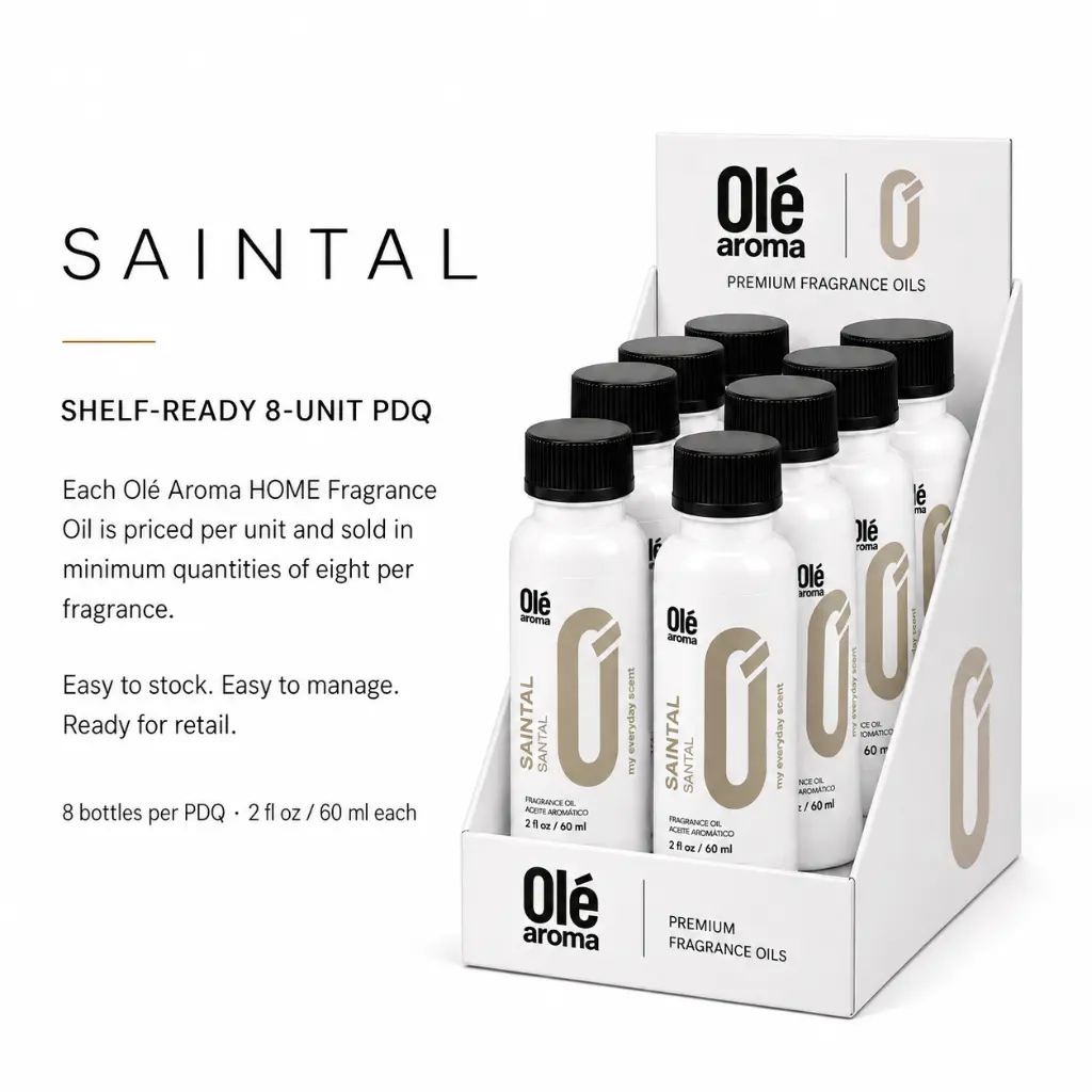 Ole Aroma Saintal 2 oz fragrance oil wholesale shelf-ready 8-unit PDQ display
