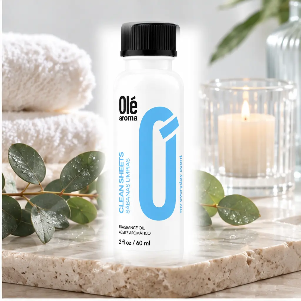 Ole Aroma Clean Sheets 2 oz fragrance oil displayed in a fresh bright home lifestyle setting