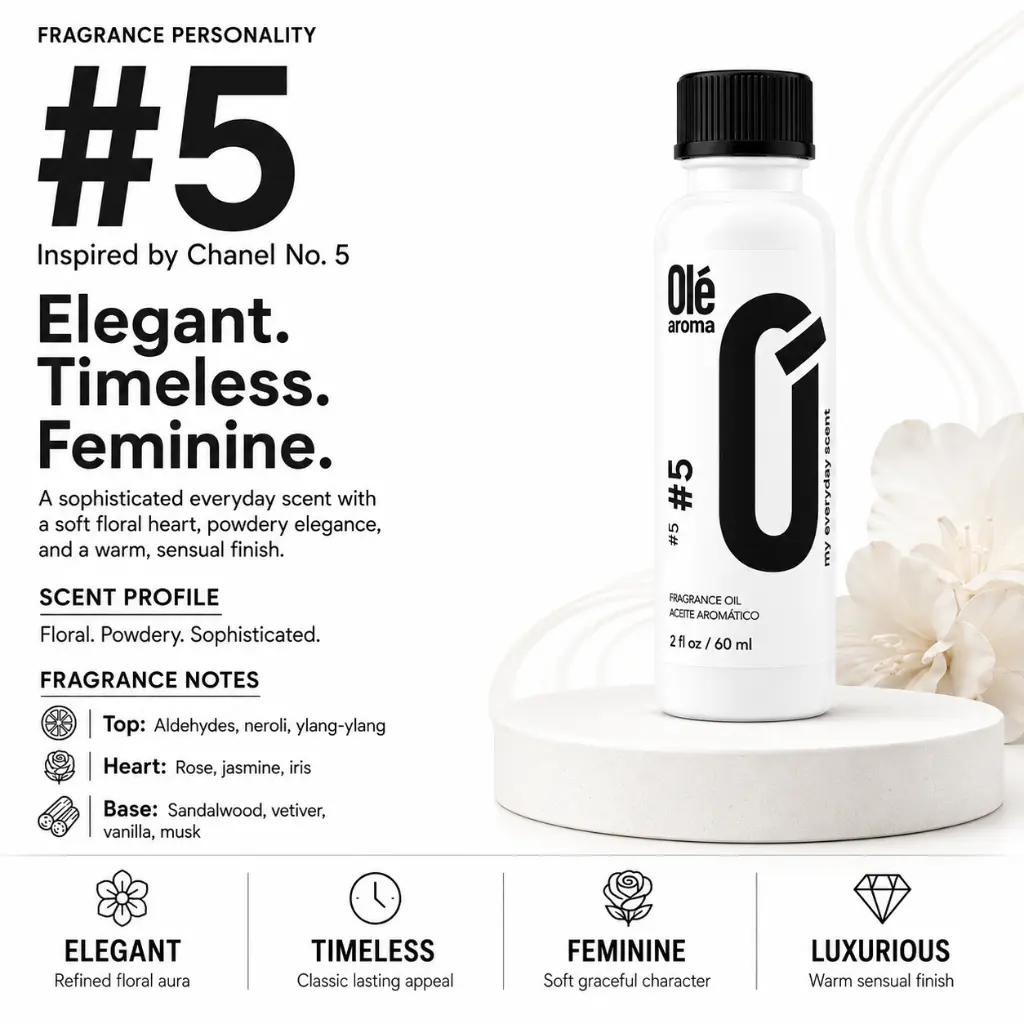 Ole Aroma #5 2 oz fragrance oil with elegant timeless feminine floral personality