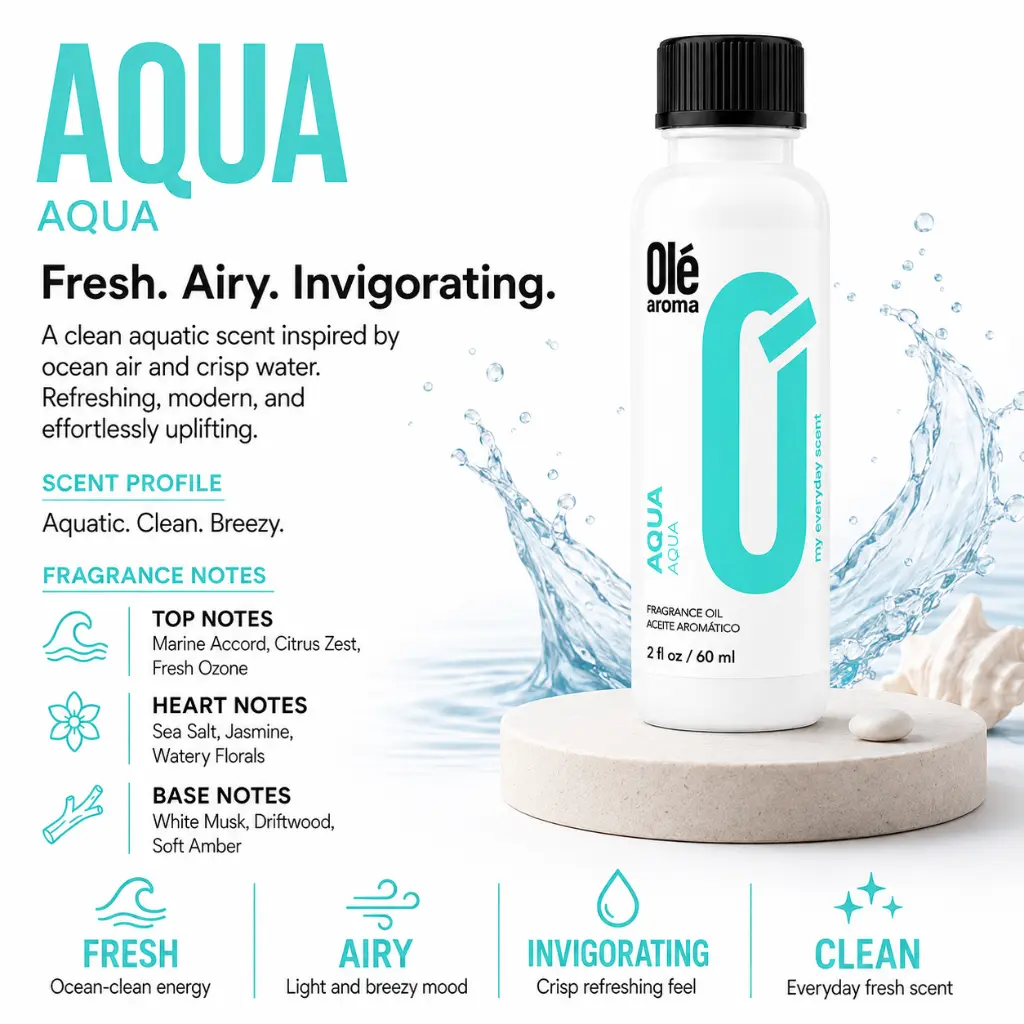 Ole Aroma Aqua 2 oz fragrance oil with fresh aquatic clean and refreshing personality