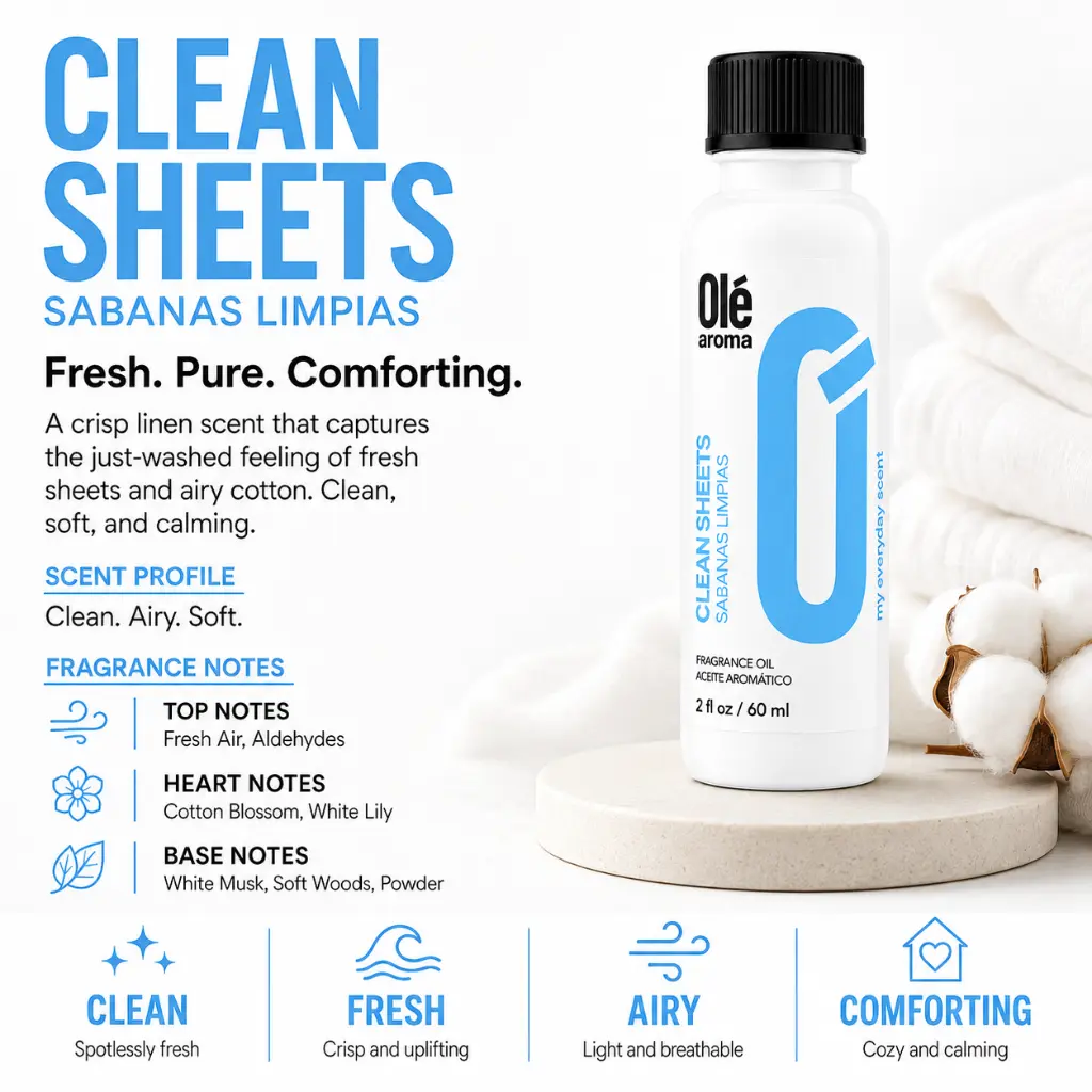 Ole Aroma Clean Sheets 2 oz fragrance oil with fresh linen clean airy and comforting personality