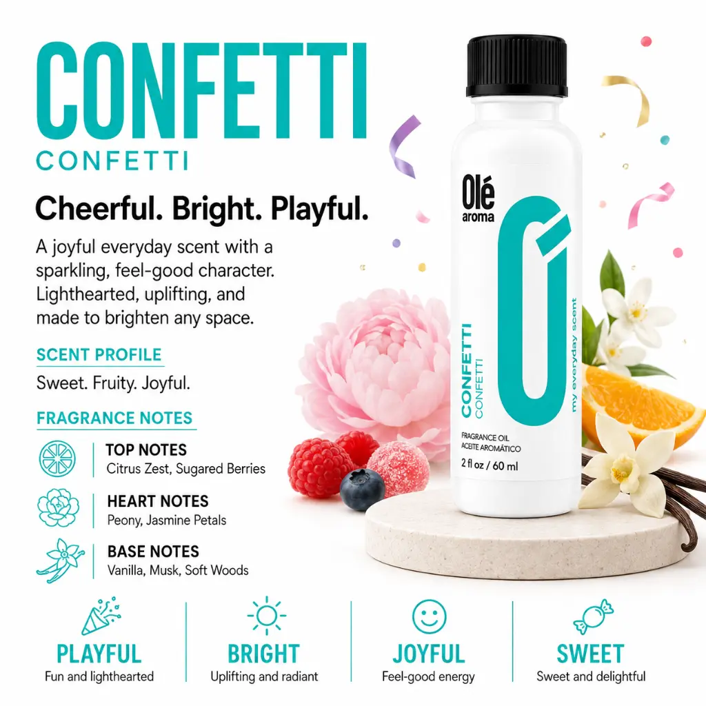 Ole Aroma Confetti 2 oz fragrance oil with playful sweet vibrant and cheerful personality