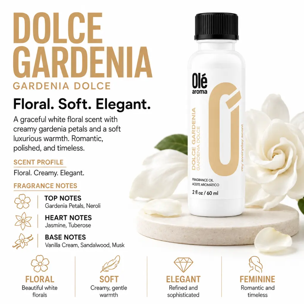 Ole Aroma Dolce Gardenia 2 oz fragrance oil with soft floral creamy gardenia and romantic personality