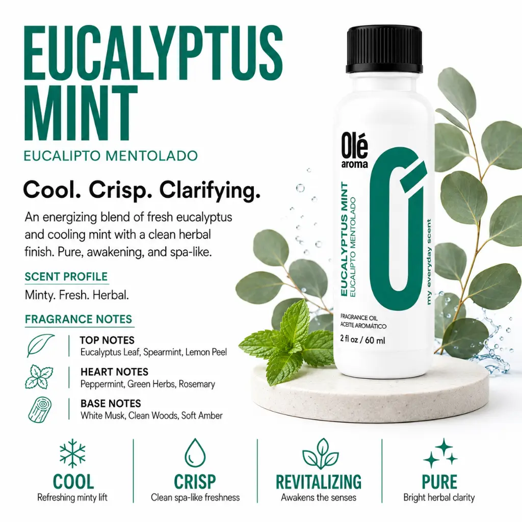 Ole Aroma Eucalyptus Mint 2 oz fragrance oil displayed in a fresh clean home lifestyle setting