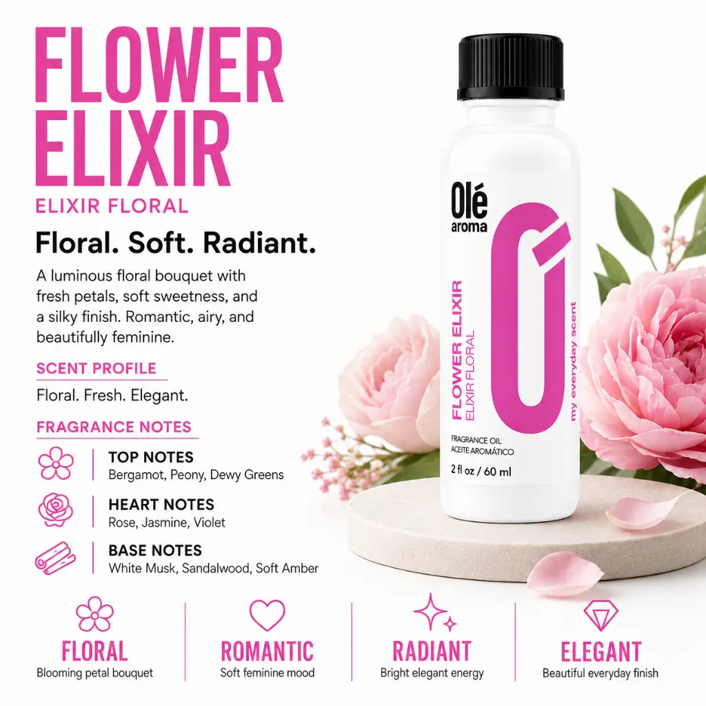 Ole Aroma Flower Elixir 2 oz fragrance oil with lush floral sweet romantic and sophisticated personality