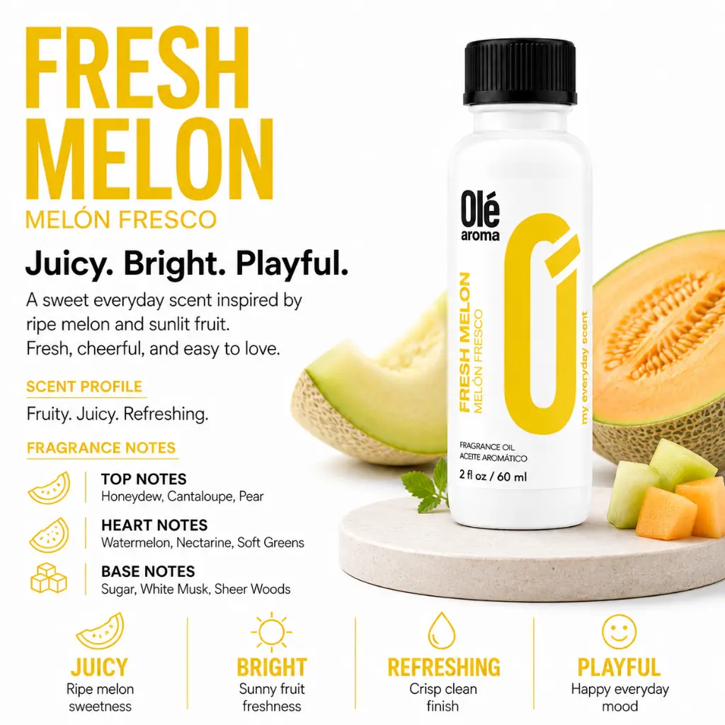 Ole Aroma Fresh Melon 2 oz fragrance oil with juicy fruity fresh and refreshing personality