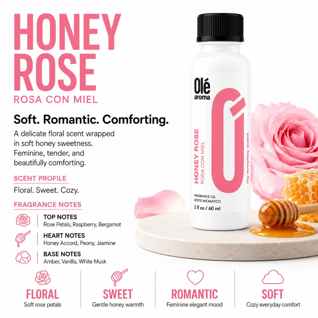 Ole Aroma Honey Rose 2 oz fragrance oil with sweet floral honeyed rose and romantic personality