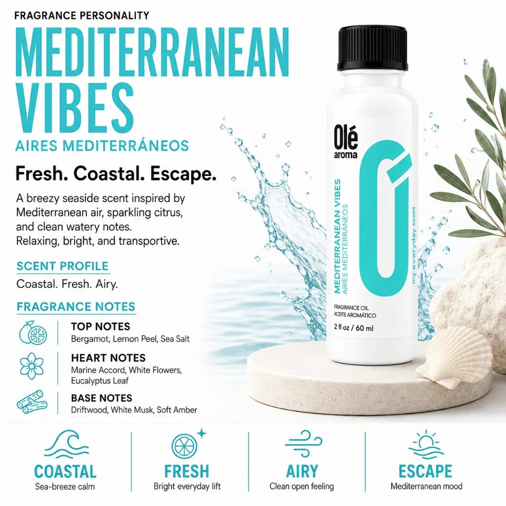 Ole Aroma Mediterranean Vibes 2 oz fragrance oil with fresh citrus airy coastal and relaxing personality