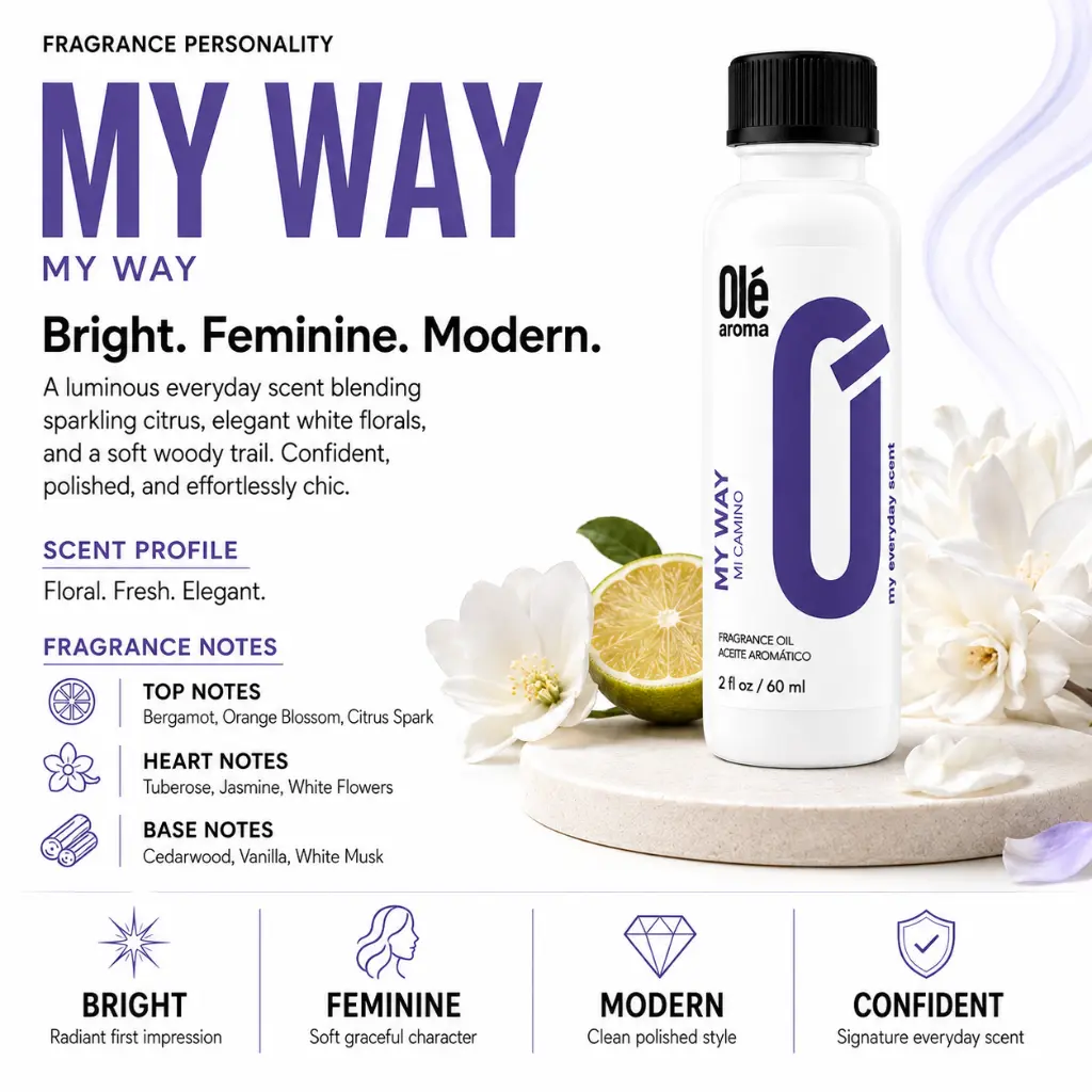Ole Aroma My Way 2 oz fragrance oil with bright floral soft feminine and sophisticated personality