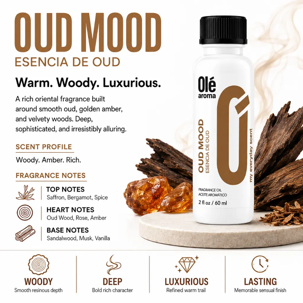 Ole Aroma Oud Mood 2 oz fragrance oil with deep woody smoky warm and luxurious personality