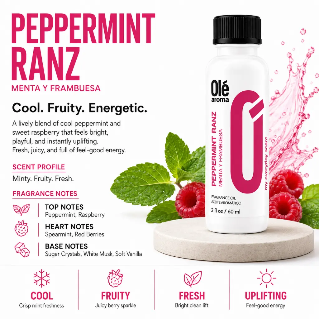 Ole Aroma Peppermint Razz 2 oz fragrance oil with cool peppermint sweet berry and energetic personality
