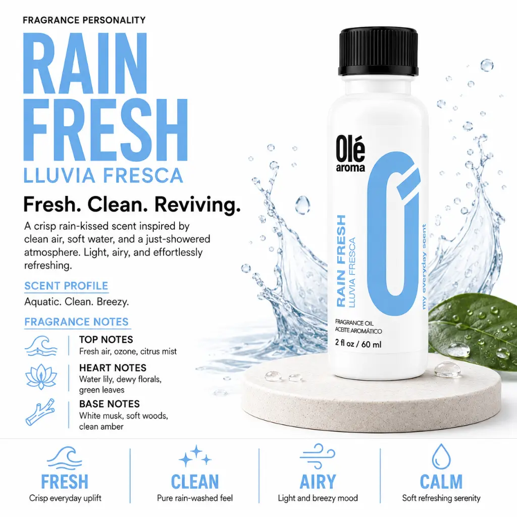 Ole Aroma Rain Fresh 2 oz fragrance oil with clean watery fresh and uplifting personality