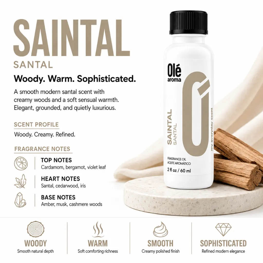 Ole Aroma Saintal 2 oz fragrance oil with smooth woody creamy sandalwood and sophisticated personality