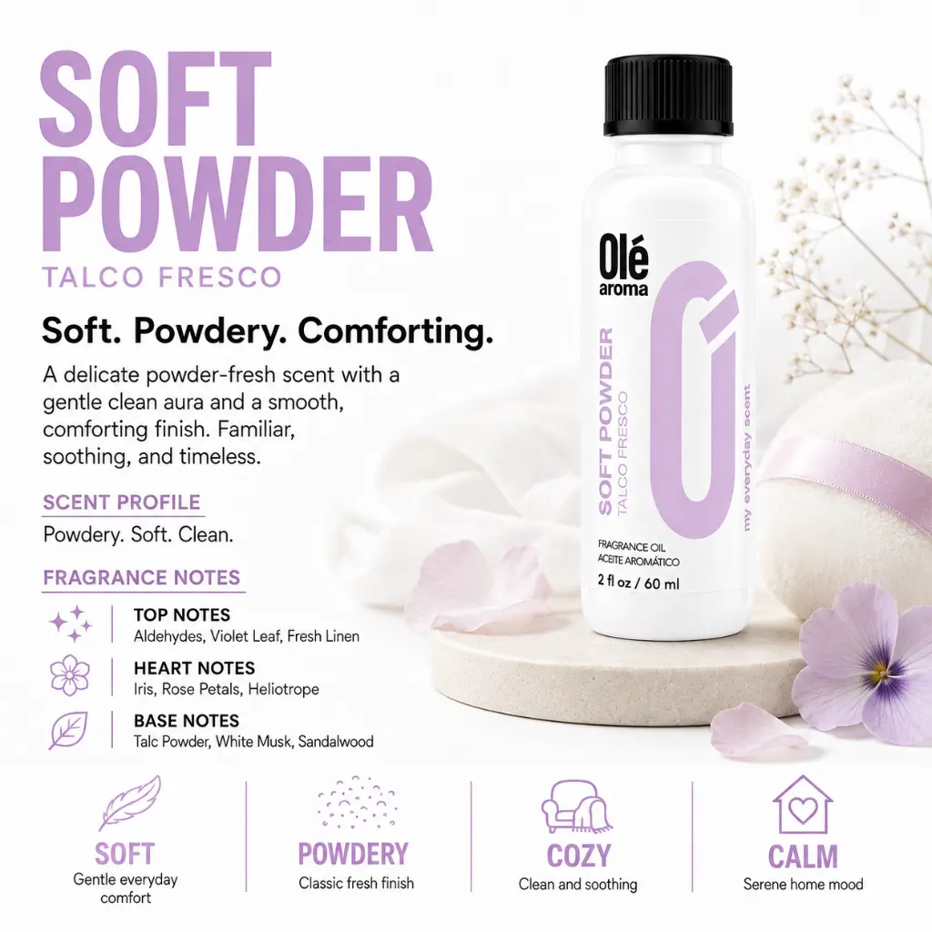 Ole Aroma Soft Powder 2 oz fragrance oil with soft powdery clean delicate and comforting personality