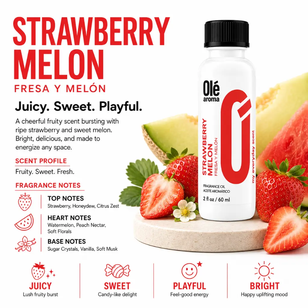 Ole Aroma Strawberry Melon 2 oz fragrance oil with sweet strawberry juicy melon and playful fruity personality