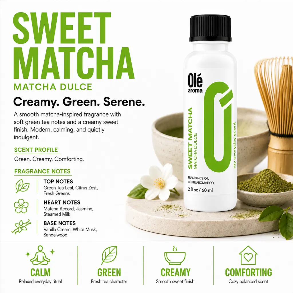 Ole Aroma Sweet Matcha 2 oz fragrance oil with creamy green tea sweet fresh and soothing personality