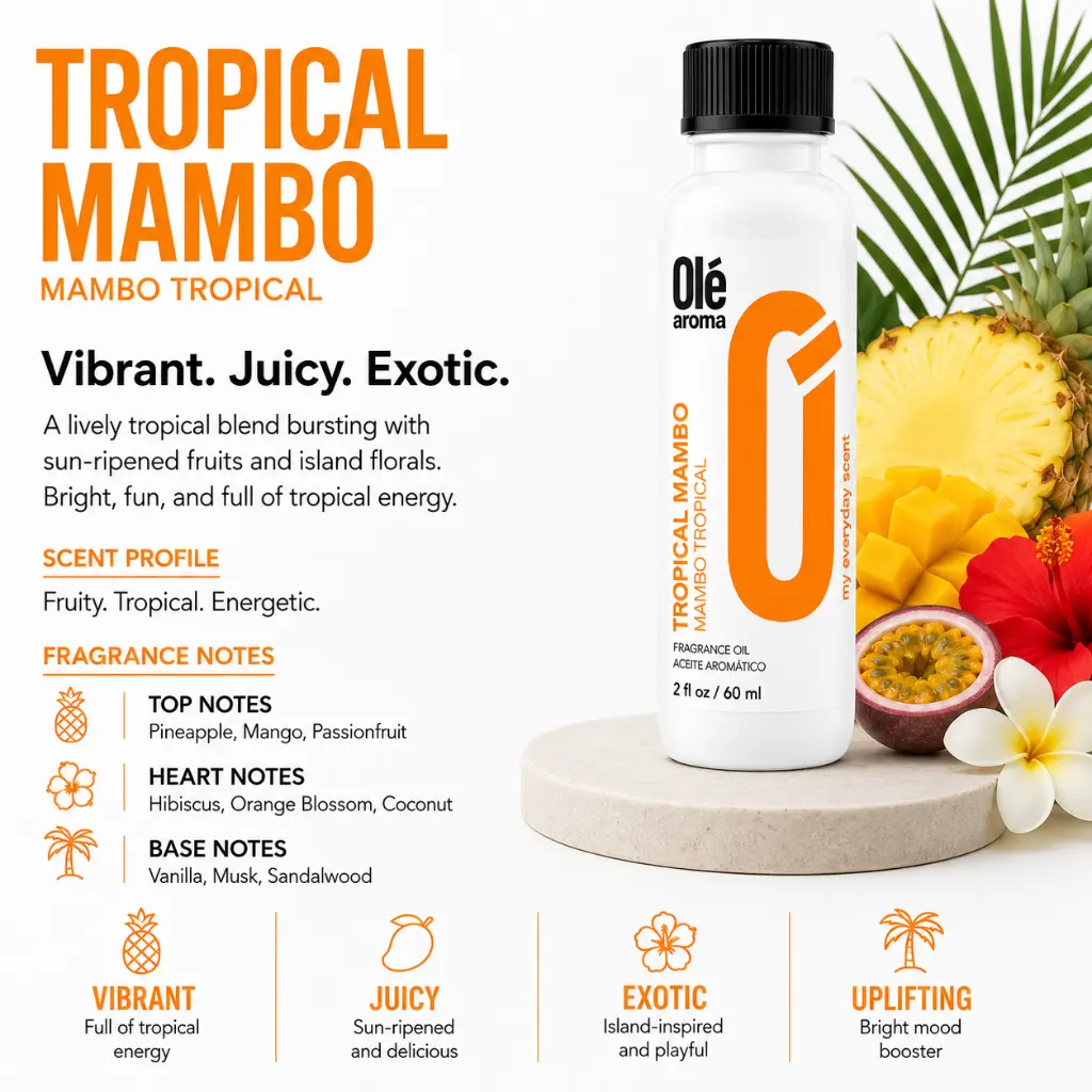 Ole Aroma Tropical Mambo 2 oz fragrance oil with fruity tropical lively and cheerful personality