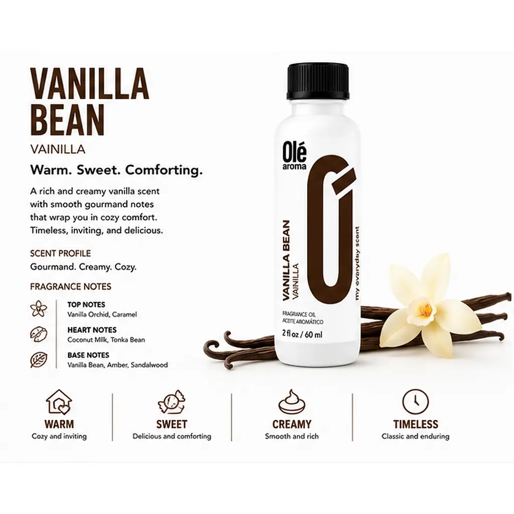 Ole Aroma Vanilla Bean 2 oz fragrance oil with rich creamy sweet vanilla and comforting personality