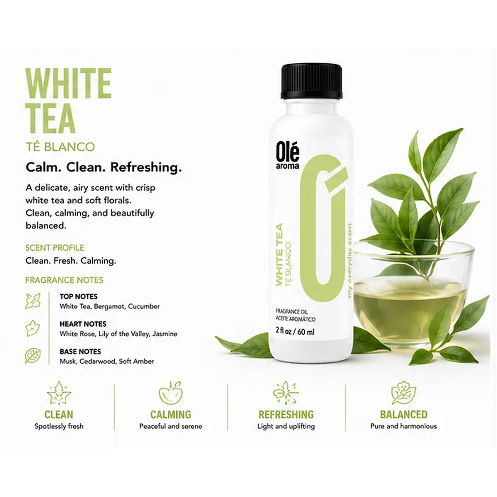 Ole Aroma White Tea 2 oz fragrance oil with delicate clean tea floral and calming personality