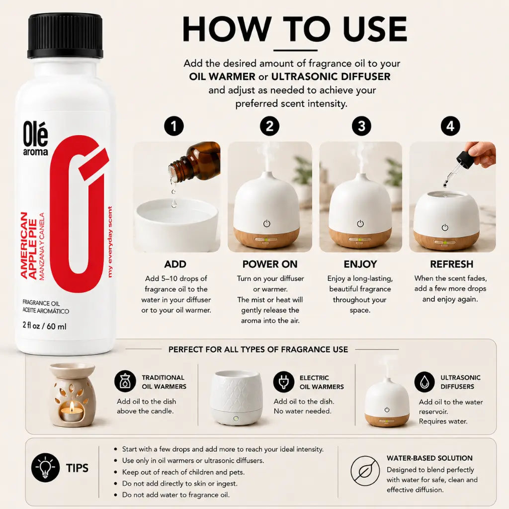 How to use Ole Aroma American Apple Pie 2 oz fragrance oil with oil warmers and ultrasonic diffusers