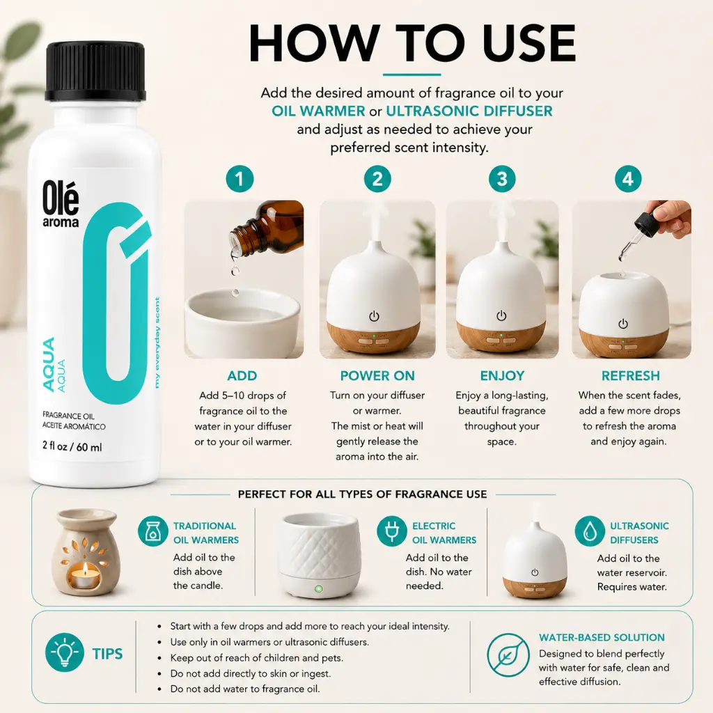 How to use Ole Aroma Aqua 2 oz fragrance oil with oil warmers and ultrasonic diffusers