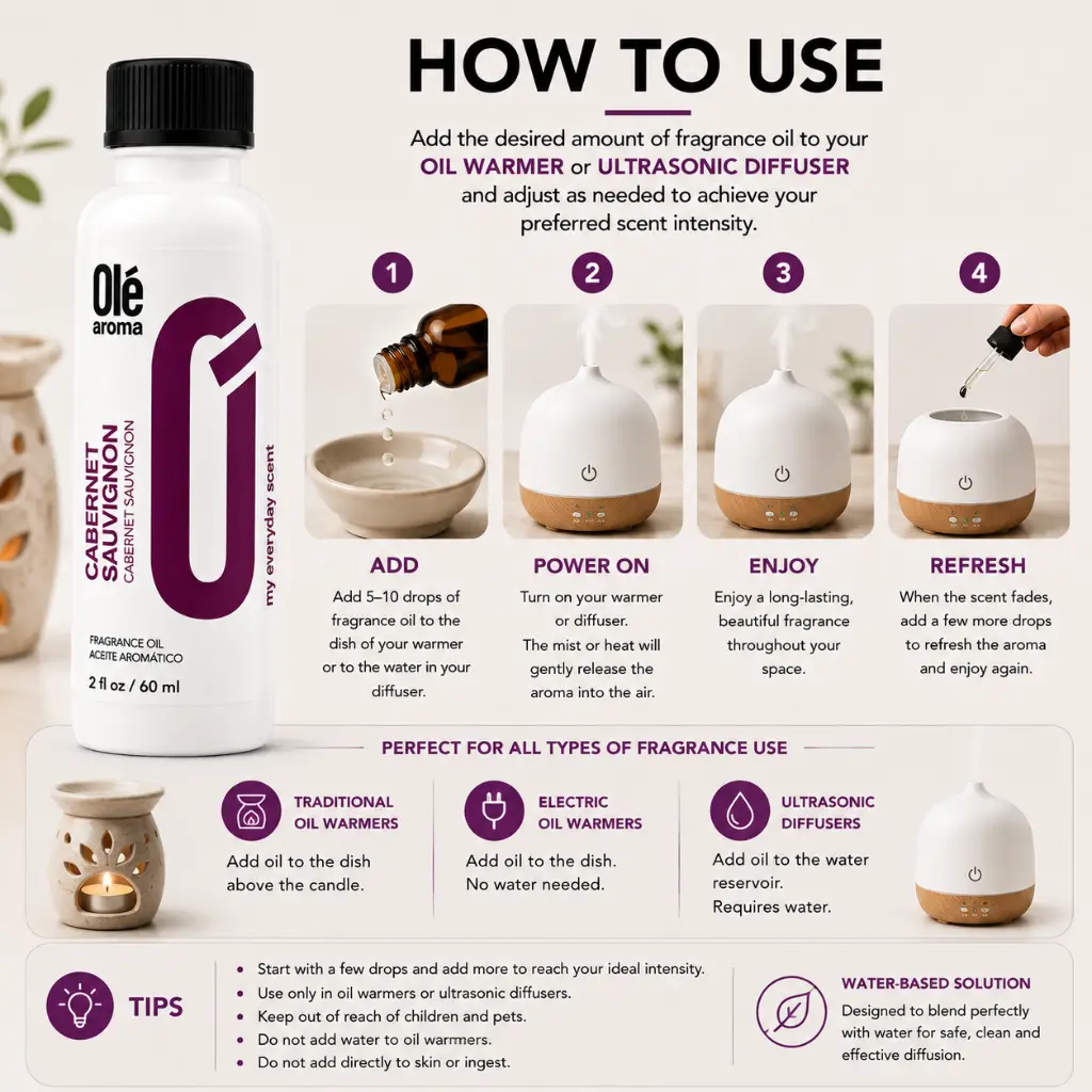 How to use Ole Aroma Cabernet Sauvignon 2 oz fragrance oil with oil warmers and ultrasonic diffusers