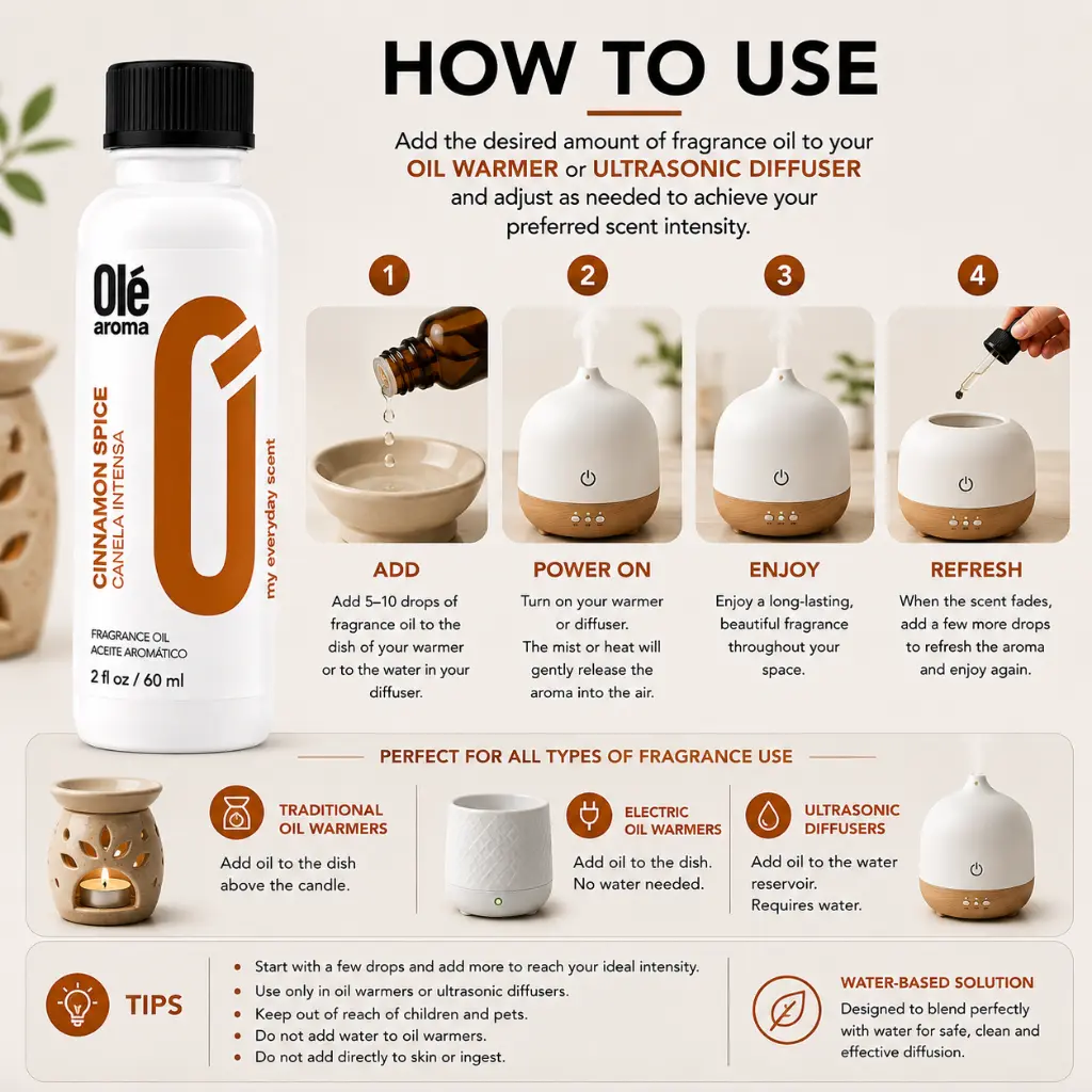 How to use Ole Aroma Cinnamon Spice 2 oz fragrance oil with oil warmers and ultrasonic diffusers Product De