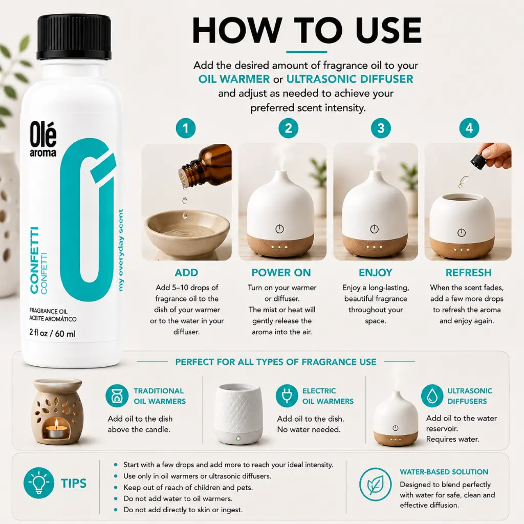 How to use Ole Aroma Confetti 2 oz fragrance oil with oil warmers and ultrasonic diffusers