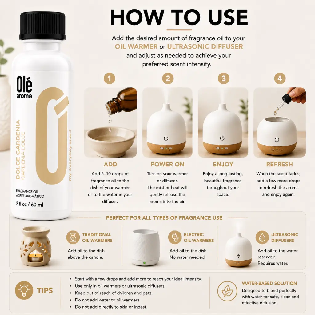 How to use Ole Aroma Dolce Gardenia 2 oz fragrance oil with oil warmers and ultrasonic diffusers