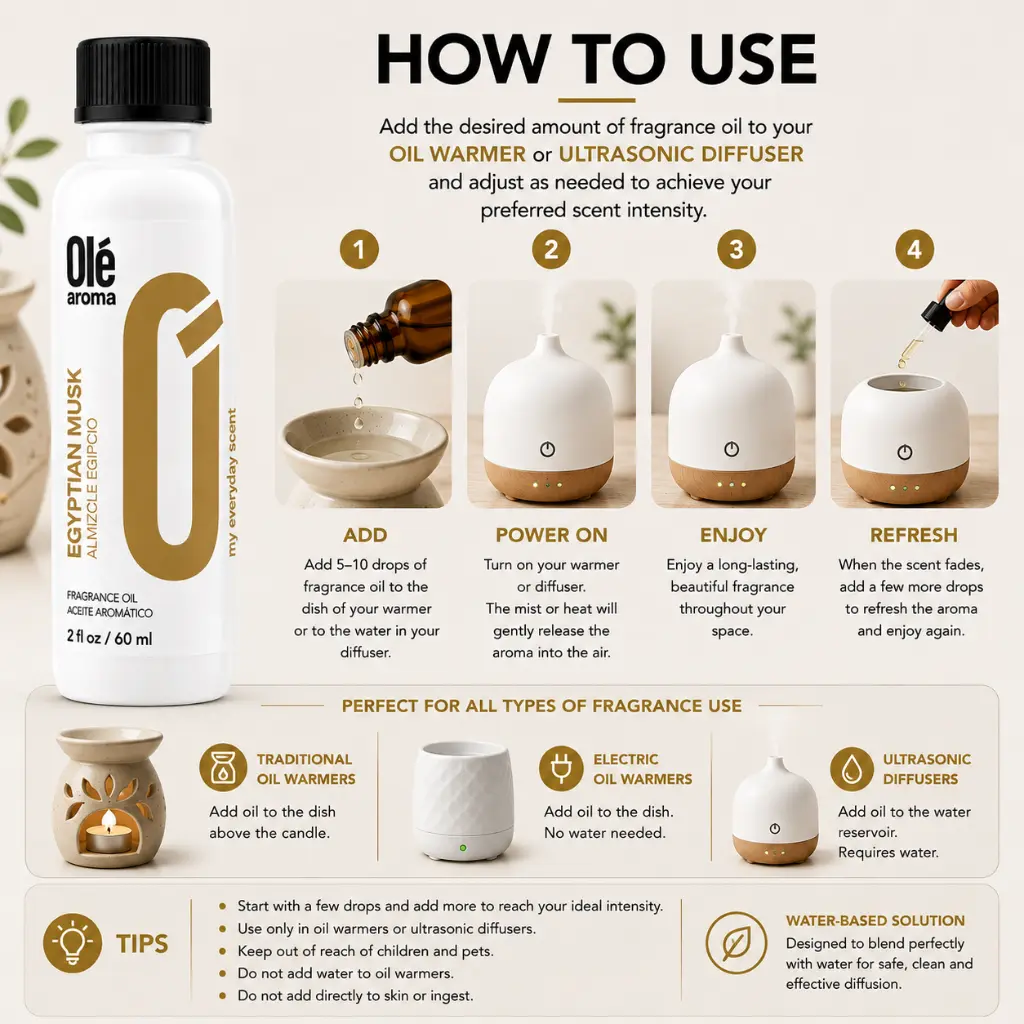 How to use Ole Aroma Egyptian Musk 2 oz fragrance oil with oil warmers and ultrasonic diffusers