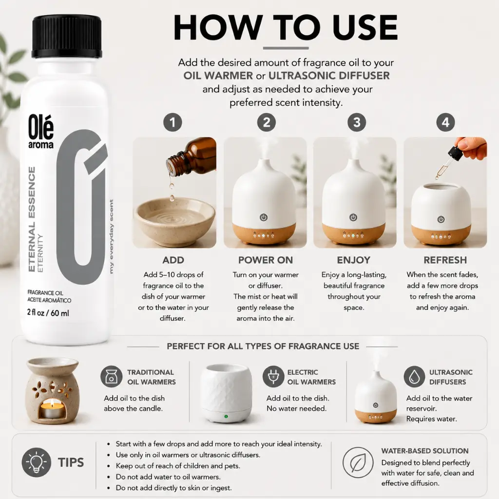 How to use Ole Aroma Eternal Essence 2 oz fragrance oil with oil warmers and ultrasonic diffusers
