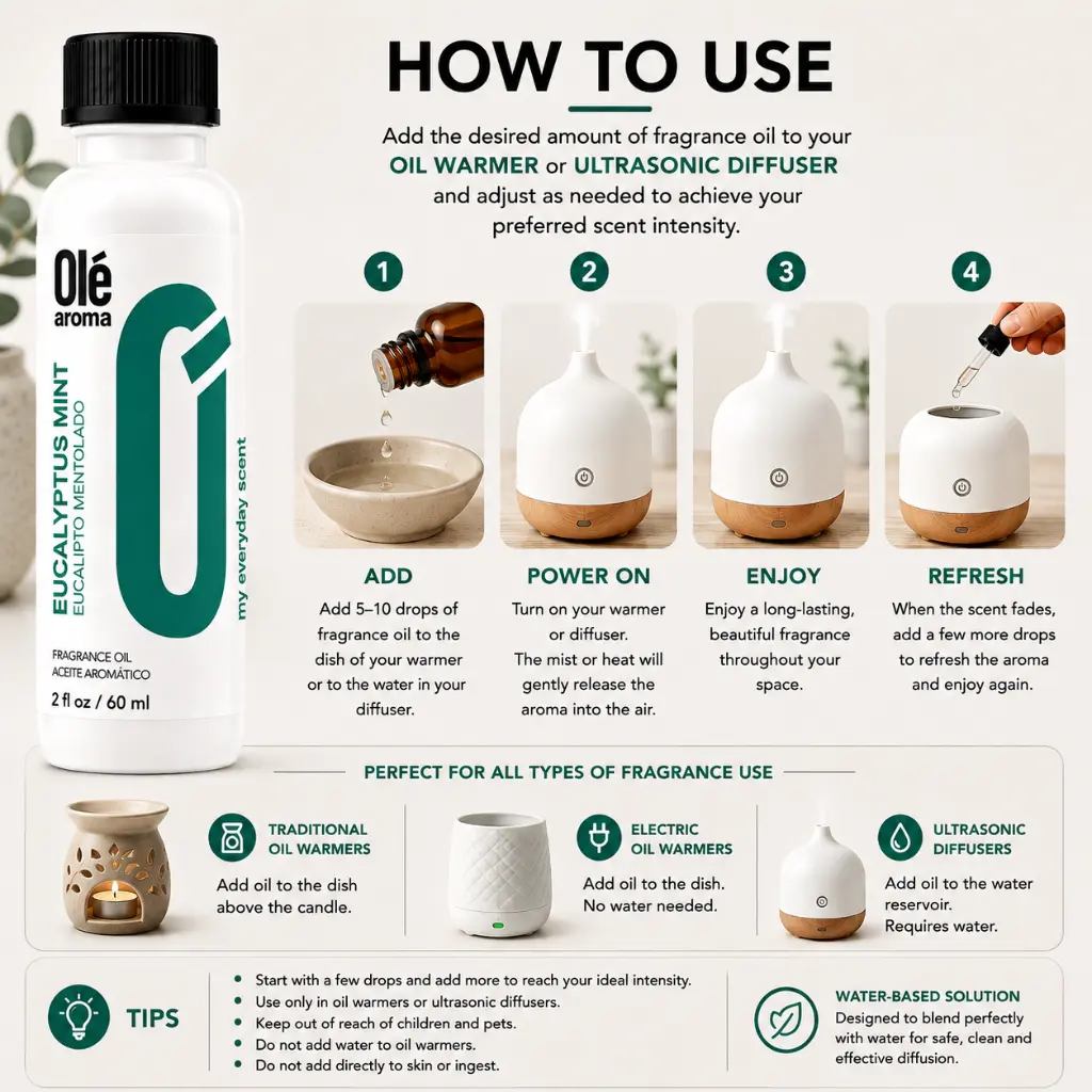 How to use Ole Aroma Eucalyptus Mint 2 oz fragrance oil with oil warmers and ultrasonic diffusers