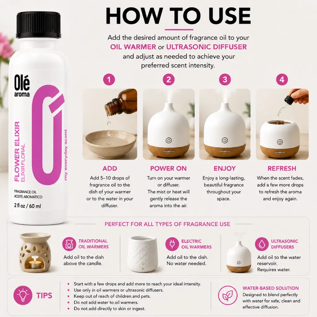 How to use Ole Aroma Flower Elixir 2 oz fragrance oil with oil warmers and ultrasonic diffusers
