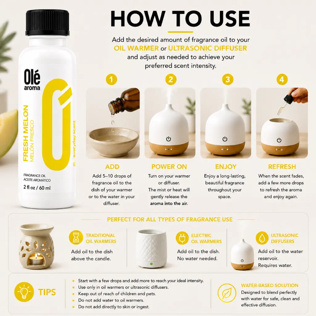 How to use Ole Aroma Fresh Melon 2 oz fragrance oil with oil warmers and ultrasonic diffusers