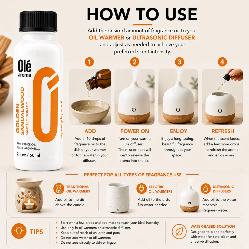 How to use Ole Aroma Golden Sandalwood 2 oz fragrance oil with oil warmers and ultrasonic diffusers