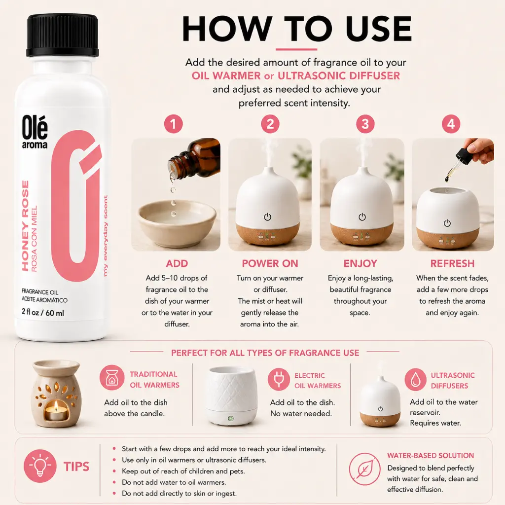 How to use Ole Aroma Honey Rose 2 oz fragrance oil with oil warmers and ultrasonic diffusers