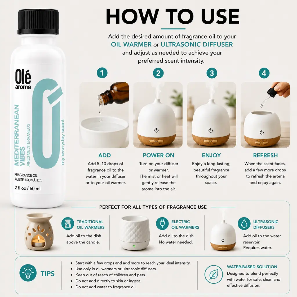 How to use Ole Aroma Mediterranean Vibes 2 oz fragrance oil with oil warmers and ultrasonic diffusers