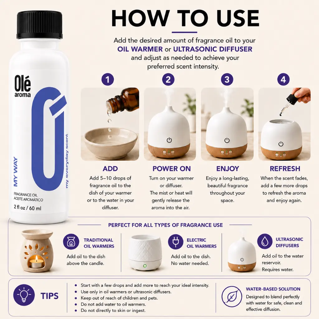 How to use Ole Aroma My Way 2 oz fragrance oil with oil warmers and ultrasonic diffusers