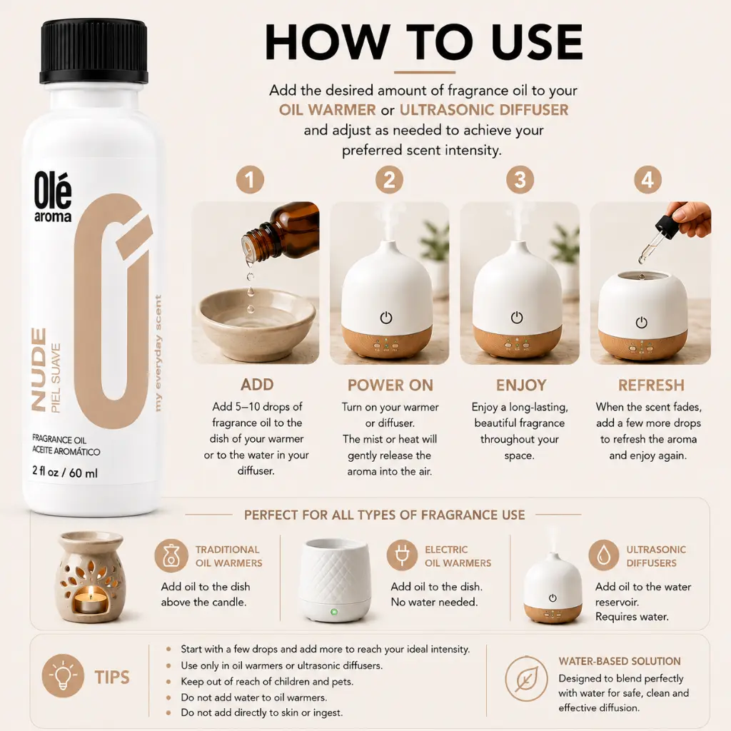 How to use Ole Aroma Nude 2 oz fragrance oil with oil warmers and ultrasonic diffusers