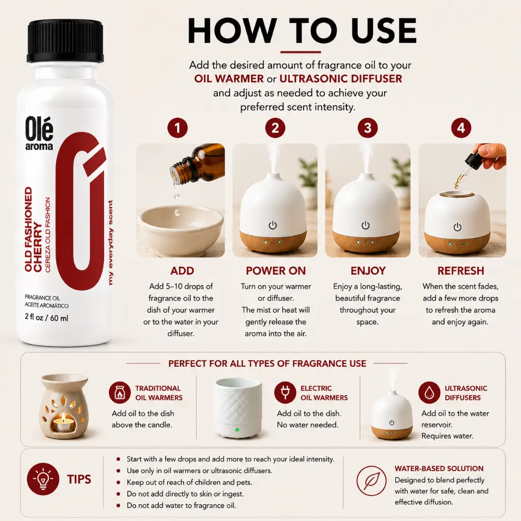 How to use Ole Aroma Old Fashioned Cherry 2 oz fragrance oil with oil warmers and ultrasonic diffusers