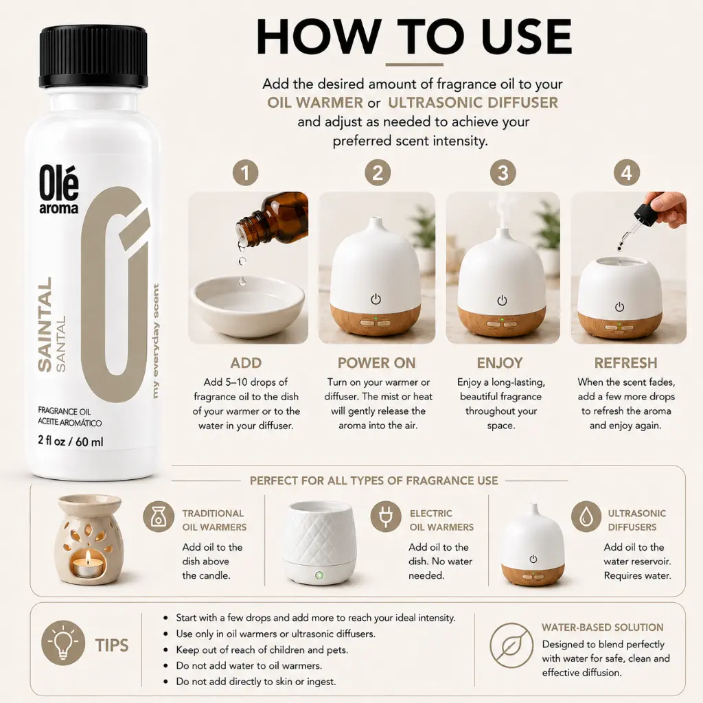 How to use Ole Aroma Saintal 2 oz fragrance oil with oil warmers and ultrasonic diffusers