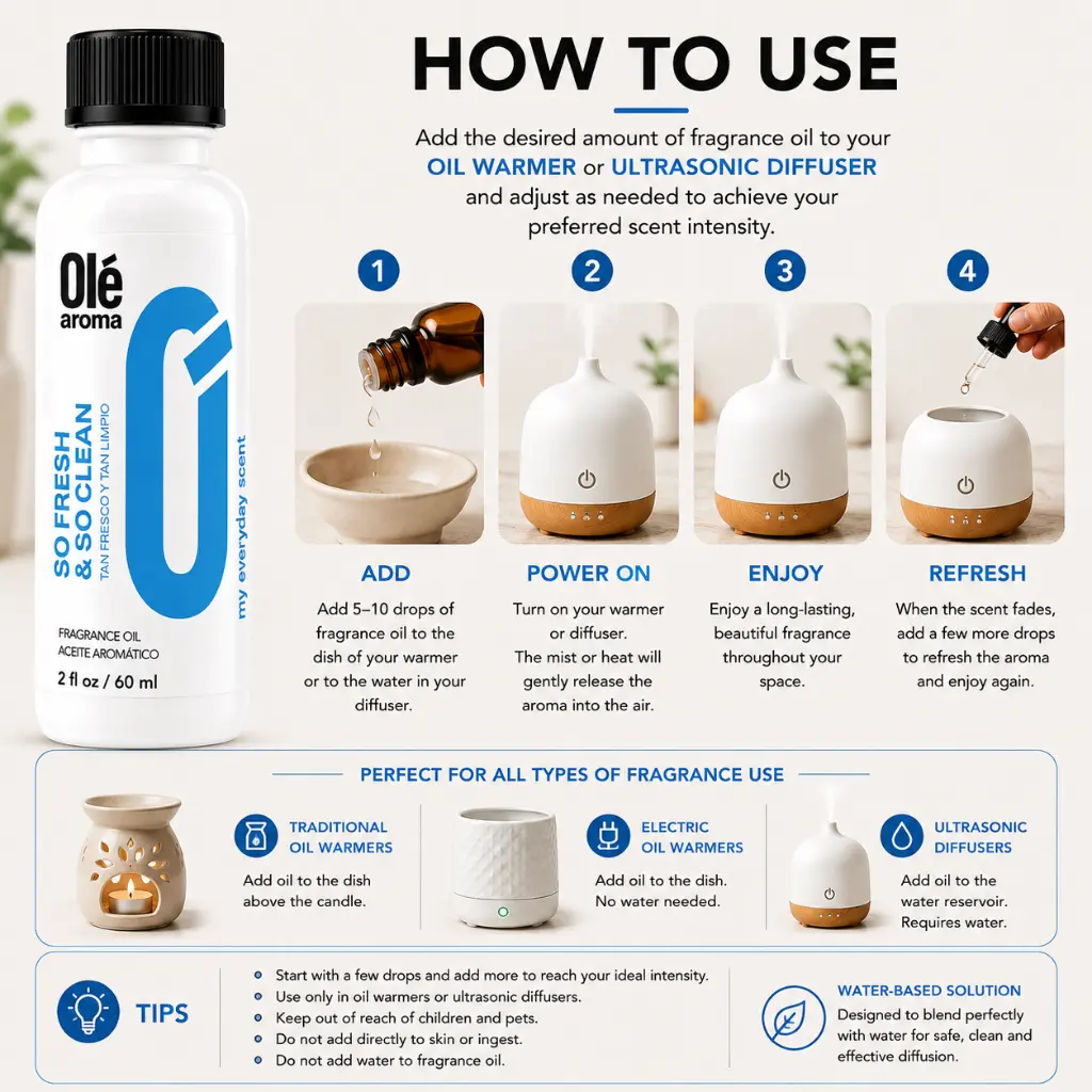 How to use Ole Aroma So Fresh & So Clean 2 oz fragrance oil with oil warmers and ultrasonic diffusers