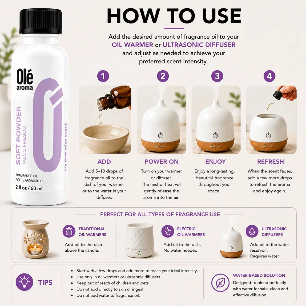 How to use Ole Aroma Soft Powder 2 oz fragrance oil with oil warmers and ultrasonic diffusers