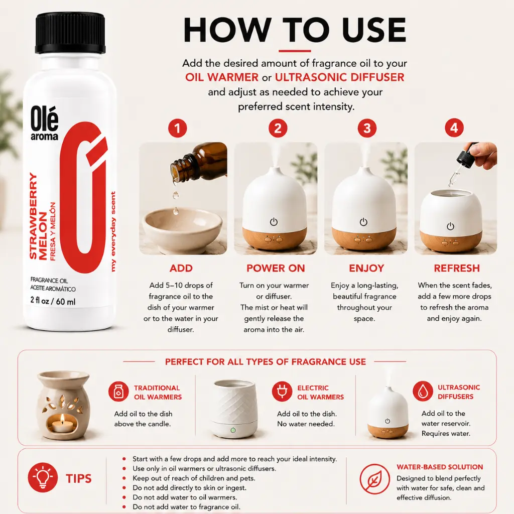 How to use Ole Aroma Strawberry Melon 2 oz fragrance oil with oil warmers and ultrasonic diffusers