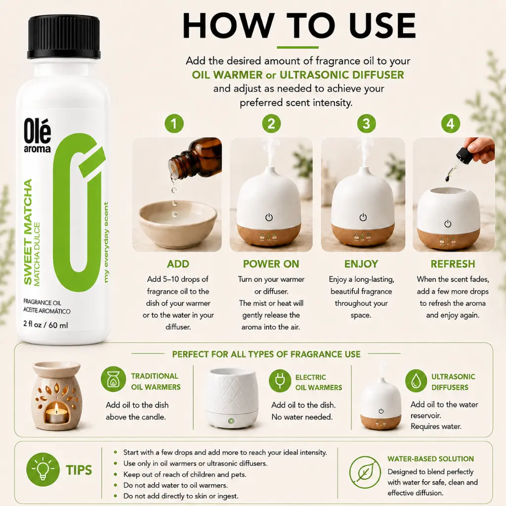 How to use Ole Aroma Sweet Matcha 2 oz fragrance oil with oil warmers and ultrasonic diffusers