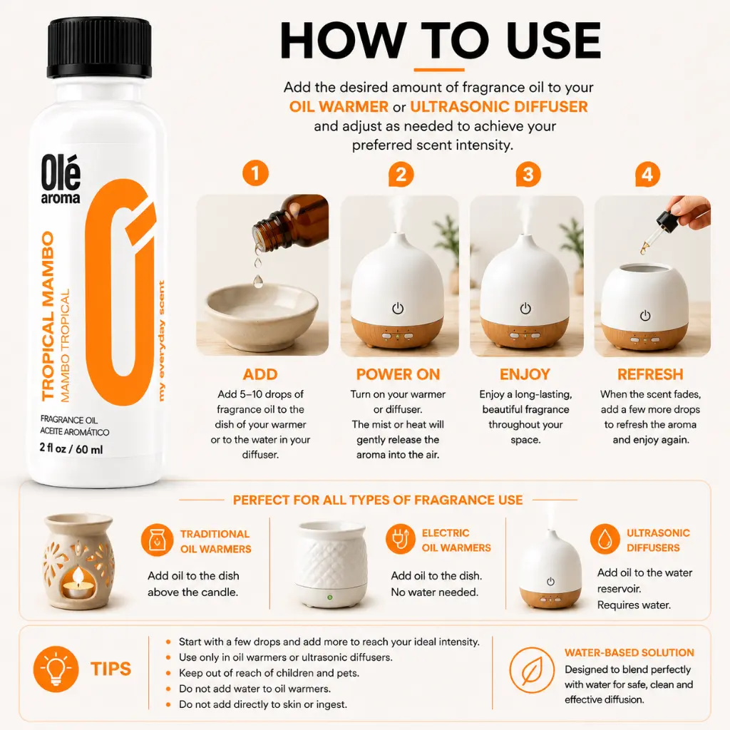 How to use Ole Aroma Tropical Mambo 2 oz fragrance oil with oil warmers and ultrasonic diffusers